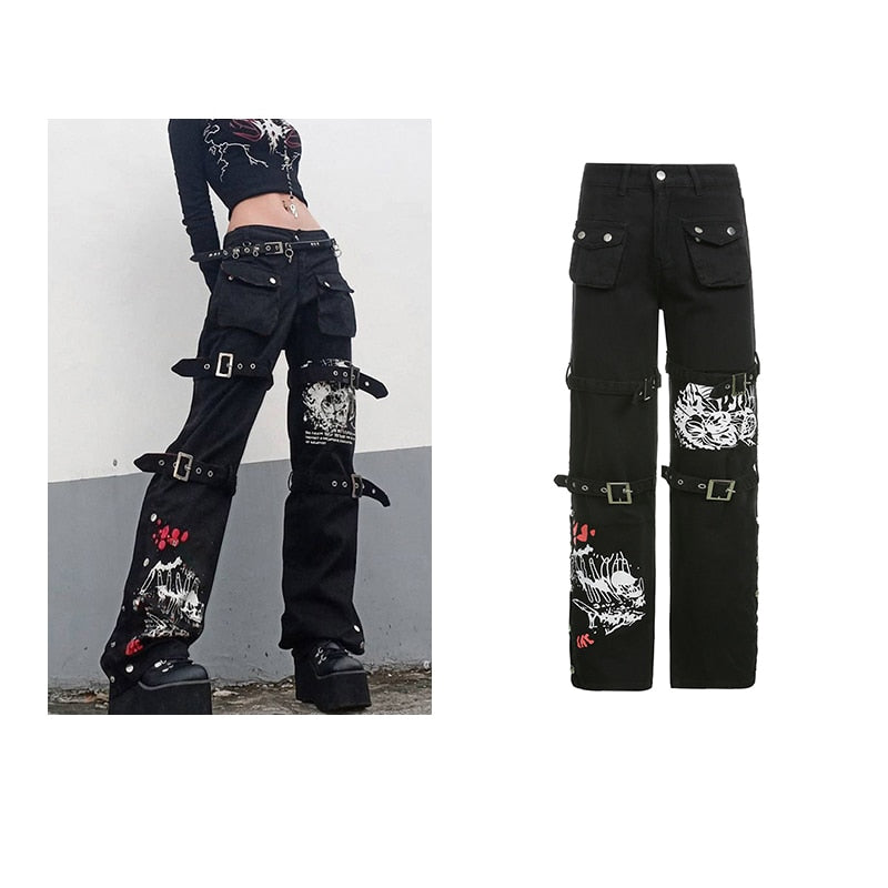 Rapcopter y2k Jeans Retro Sashes Denim Pants Ruched Drawstring Cargo Pants Women Big Pockets Trousers Women Streetwear Jeans 90s