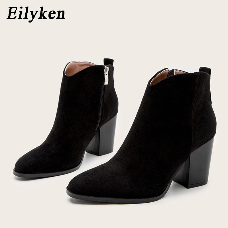 Eilyken 2023 Autumn Faux Suede Ankle Boots Women High Heel Side zipper High top Stacked Block Heel Short Western Cowboy Booties