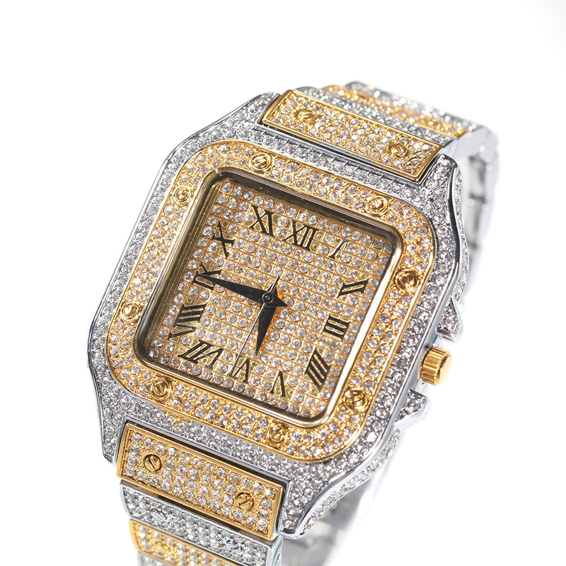 Hip Hop Full Iced Out Full Drill Men Square Watches Stainless Steel Fashion Luxury Rhinestones Quartz Square Business Watch