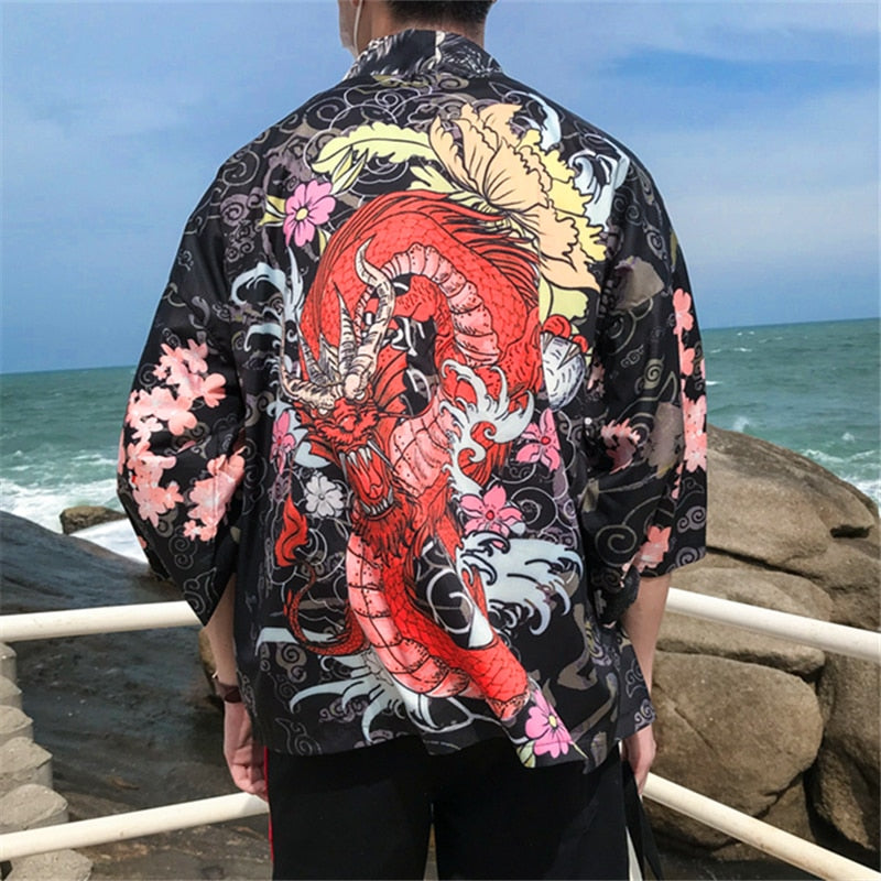 Bebovizi dragón estampado Yukata hombres mujeres moda cárdigan blusa suelta Haori Obi ropa asiática Harajuku japonés Cosplay Kimono