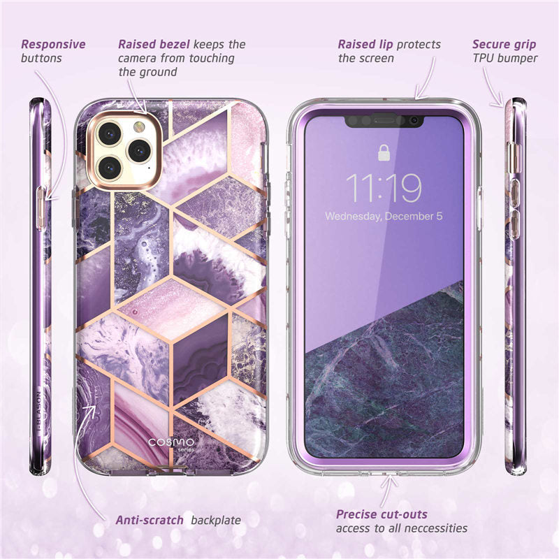 Funda i-blason para iPhone 11 Pro Max de 6,5 pulgadas (2019), carcasa de parachoques de mármol con brillo de cuerpo completo Cosmo con protector de pantalla incorporado