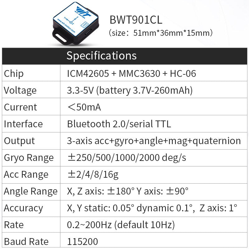 BWT61CL High-Precision Bluetooth Accelerometer+Gyroscope+Angle(XYZ, 100HZ), 6-Axis MPU6050 AHRS Inclinometer, Support PC/Android