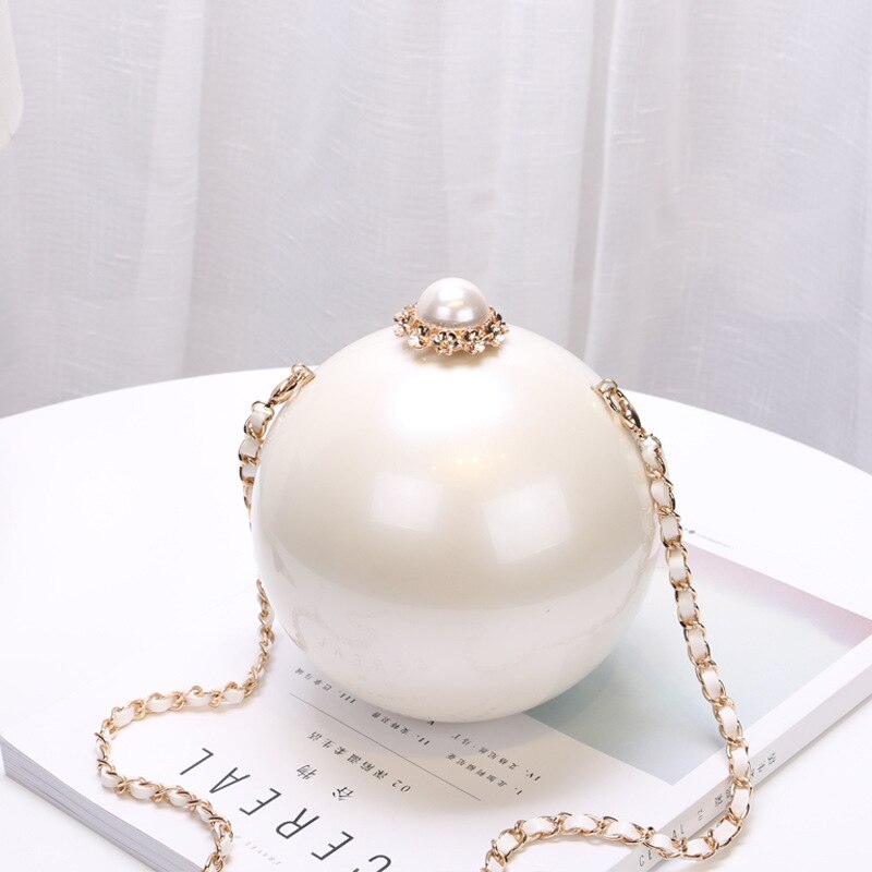 Pearl Acrylic Handbags Luxury Evening Clutches Round Party Prom Purses Personality Wedding Wallets Chain Bags Free Shipping