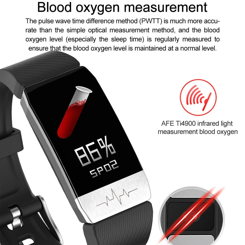 Correa de reloj inteligente T1S con medición de temperatura ECG, Monitor de presión arterial y frecuencia cardíaca, pronóstico del tiempo, recordatorio de bebida, reloj inteligente