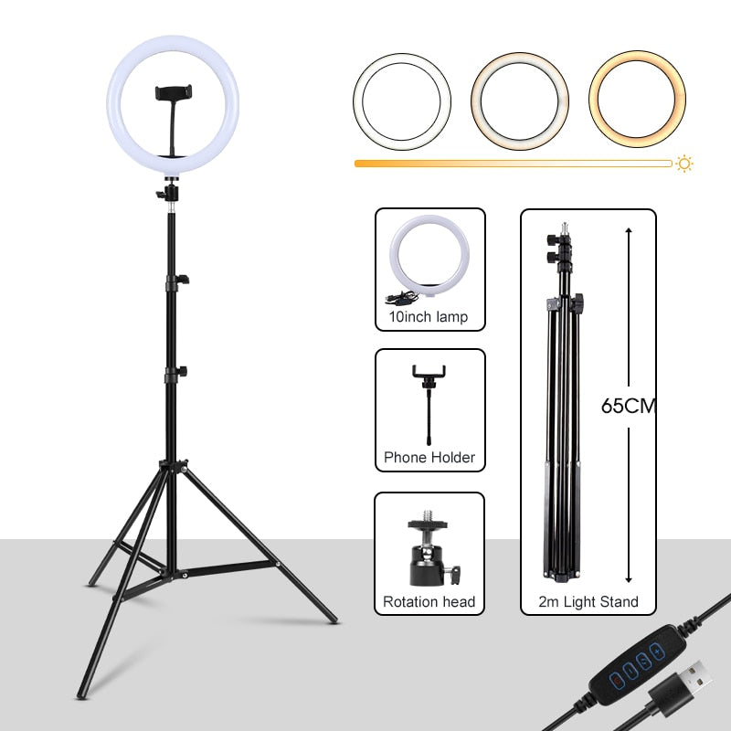 Dimmable Ring Light Selfie LED Round Lamps USB With Phone Holder 1.6M Tripod Stand For Tiktok Video Light Makeup Photography Set