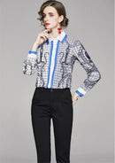 Summer Women Slim Blouses Tops Baroque Print Runway Long Sleeve Shirt Ladies Collar Elegant Vintage Office Shirts Work Wear