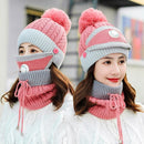 3 unids/set sombreros de invierno para mujeres con máscara de respiración 2 en 1 sombrero de punto niña pompones sombrero cálido añadir piel forrada sombrero de invierno protector
