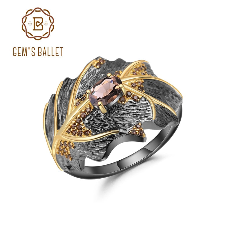 GEM&#39;S BALLET 0.75Ct Natural Smoky Quartz 925 Sterling Silver Handmade Rings for Women Bijoux Georgia O&#39;keeffe Leaf Ring NEW