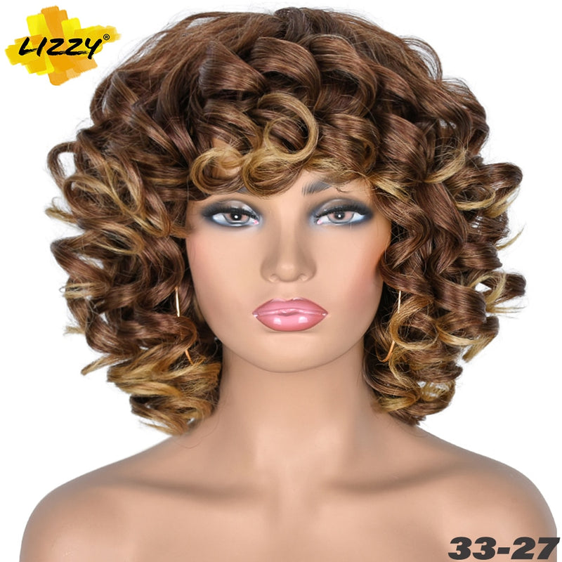 Kurzhaar-Afro-Lockenperücke mit Pony, lose, synthetische, flauschige, schulterlange, natürliche Perücken für schwarze Frauen, dunkelbraun, 35,6 cm