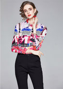 Summer Women Slim Blouses Tops Baroque Print Runway Long Sleeve Shirt Ladies Collar Elegant Vintage Office Shirts Work Wear