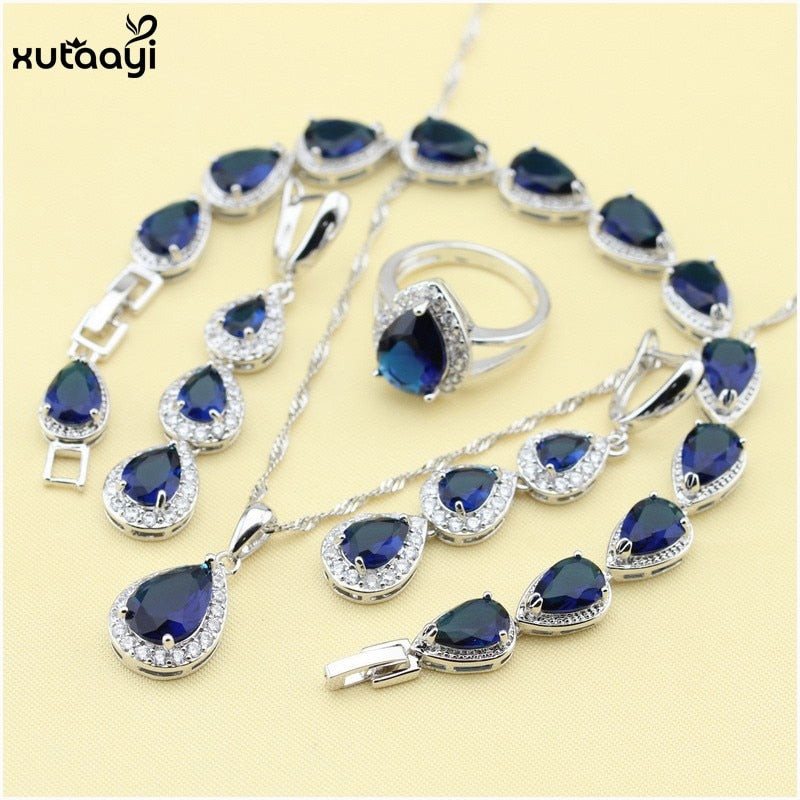 XUTAAYI Hochwertige Silberschmuck-Sets Blau Erstellt Saphir Flawless Halskette/Ringe/Ohrringe/Armband Für Frauen