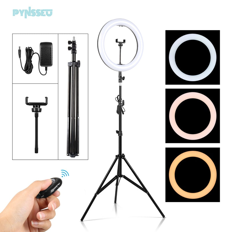 PYNSSEU 10/14 LED Selfie Ring Lamp con trípode de 2M Luz fotográfica con soporte de teléfono para YouTube Camera Photo Makeup