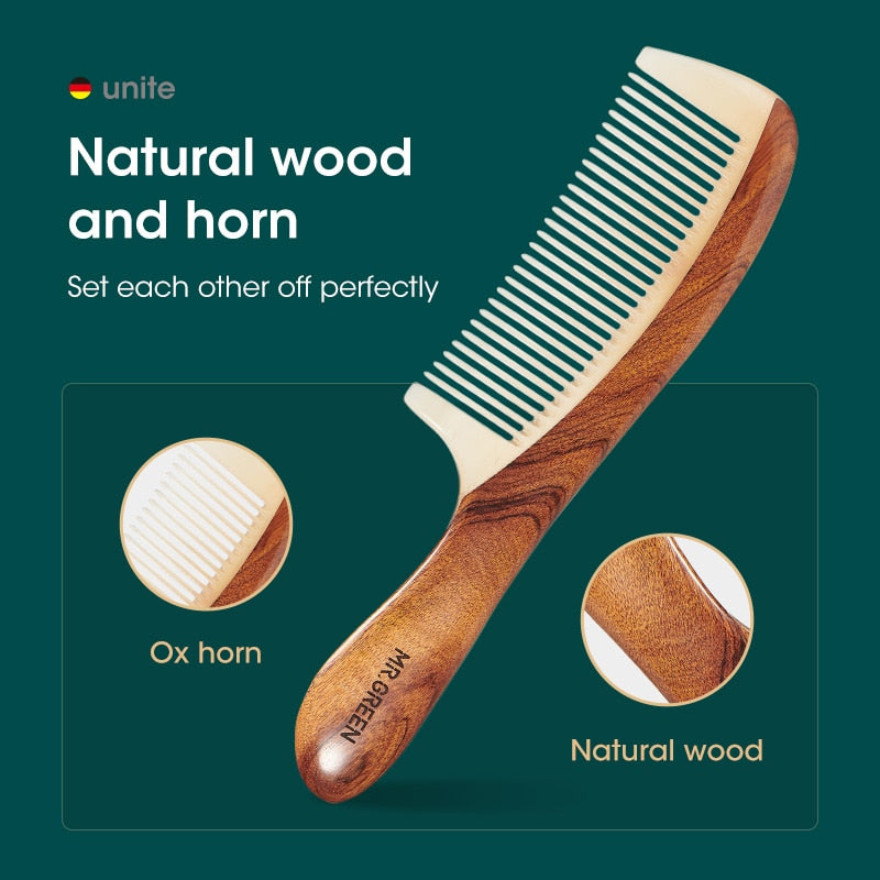 Peine MR.GREEN de madera Natural con estructura de empalme de cuerno, peine de pelo de dientes finos, cabeza antiestática, regalo de masaje de punto de acupuntura