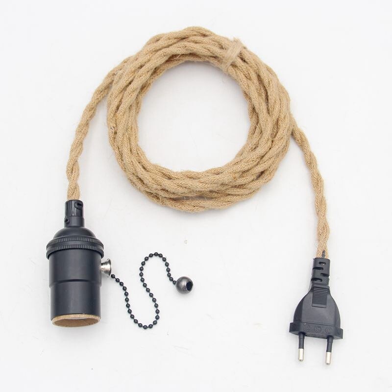 110V-250V Vintage Pendant Light Cord Kits with European Plug Hemp Jute Rope Twisted Cable Industrial Loft E27 Hanging Lamps