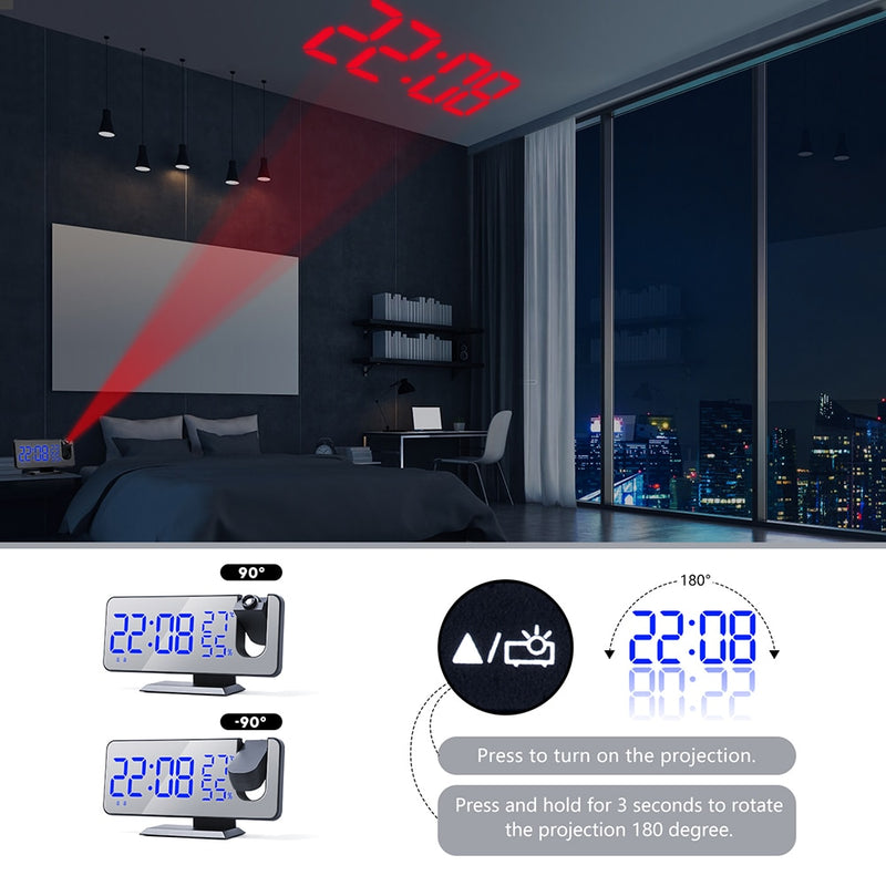 Despertador Digital LED de 3 colores, proyección de Radio con reloj de espejo de temperatura y humedad, pantalla de tiempo de cabecera multifuncional