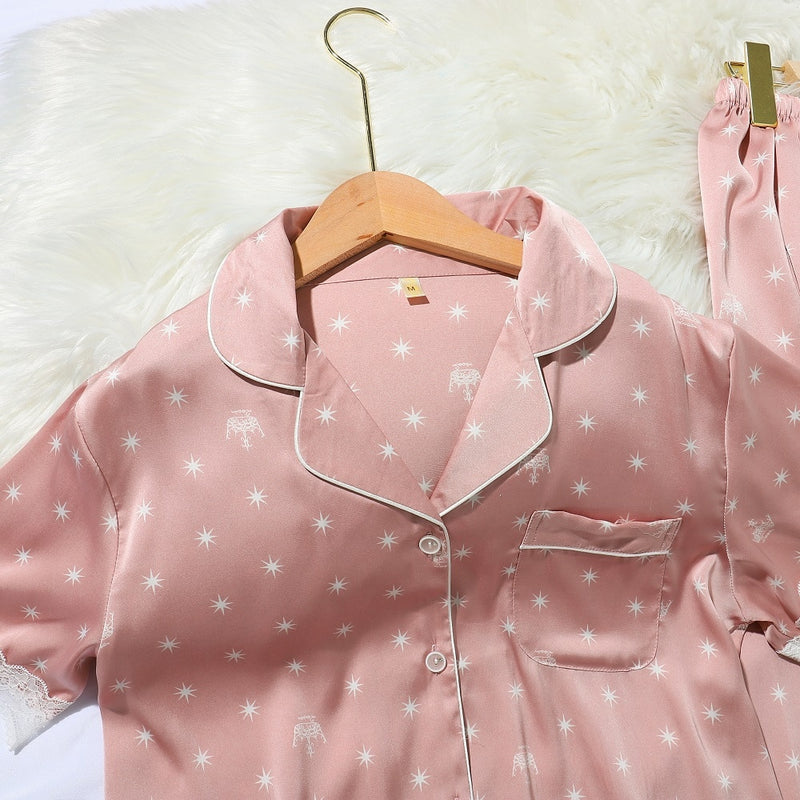 Lisacmvpnel Srping New Crown Print Women Pyjamas Lace Sweet Short Sleeve Suit Pajamas Summer Satin Chiffon Soft Touch Sleepwear