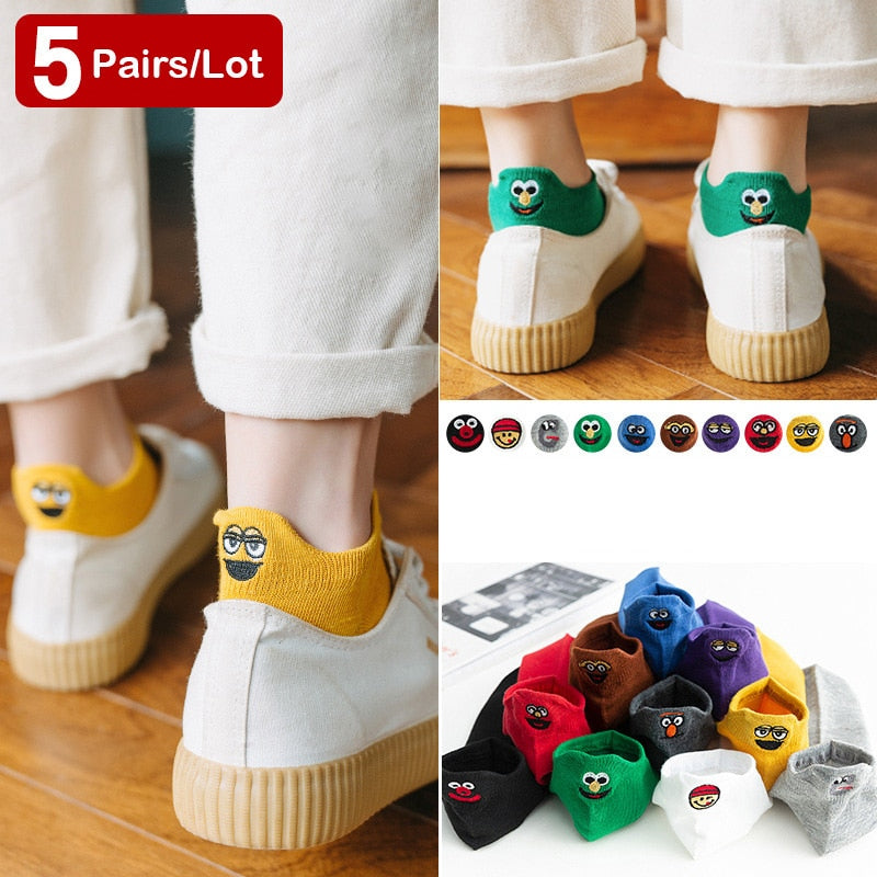 5 Pairs Korean Fashion Socks Women Pack Kawaii Cartoon Short Socks Casual Flower Embroidery Cotton Funny Ankle Socks Female