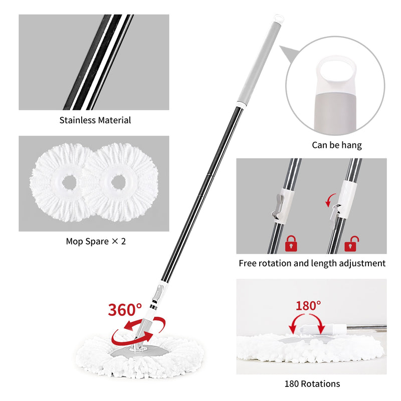 Yocada 360 Spin Adjustable Floor Mop with Cleaning Bucket 2 PCS Microfiber Pads Extended Handle for Hardwood Cleaning Tools