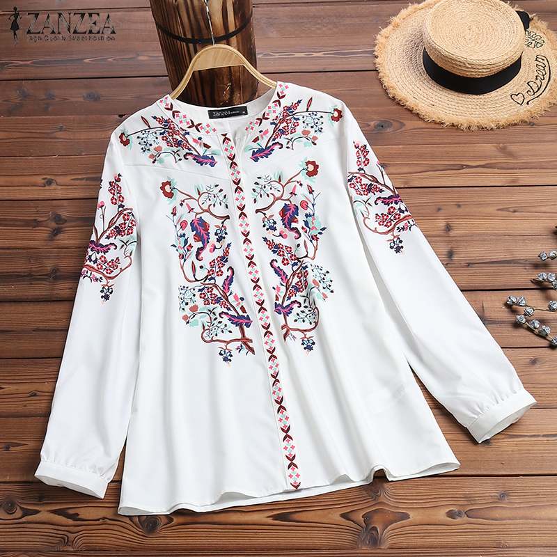 ZANZEA 2022 Fashion Printed Tops Women's Autumn Blouse Bohemian V Neck Long Sleeve Shirts Female Casual Loose Blusas Oversized