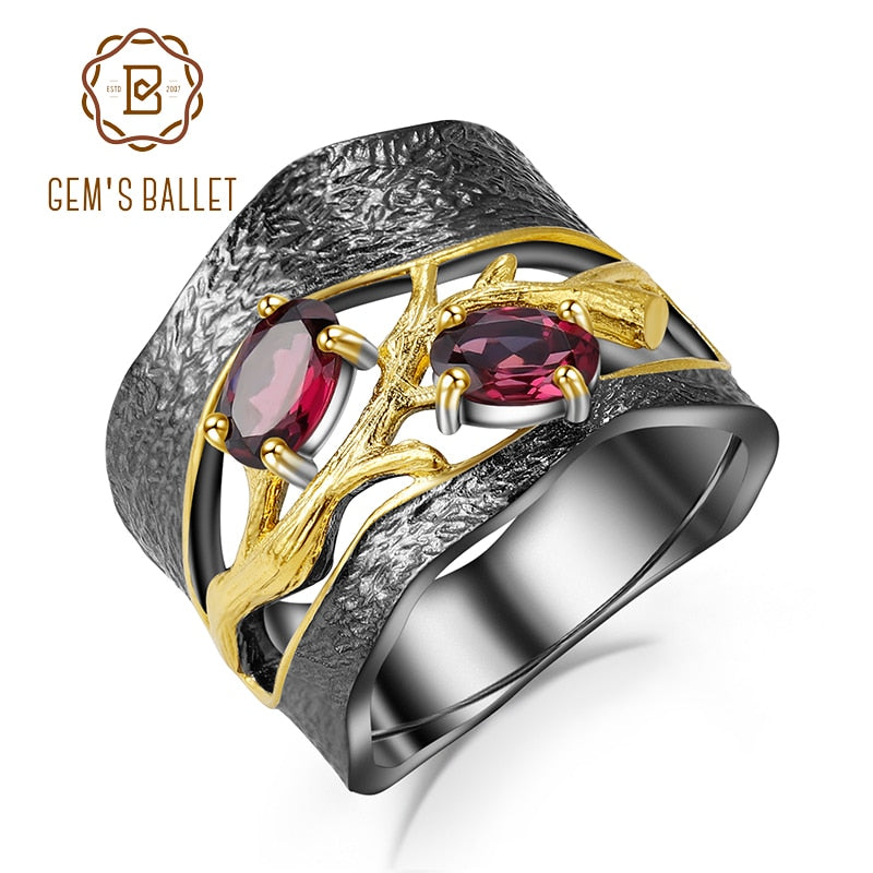 GEM'S BALLET 925 anillos de rama hechos a mano originales de plata de ley anillo de piedras preciosas granate rodolita Natural para mujer joyería fina