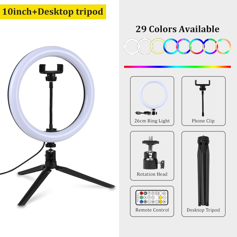 Anillo de luz Led RGB con soporte, iluminación colorida, 29 colores, 3 modos normales, Selfie regulable, anillo de luz de 10 pulgadas para vídeo de Youtube