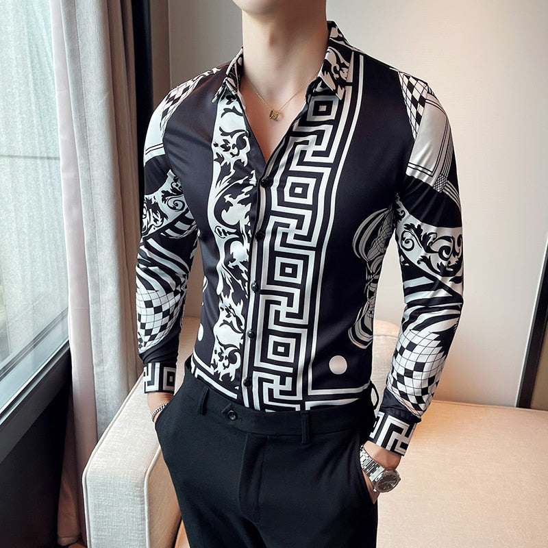 Luxury Long Sleeve Mens Baroque Shirts Dress Autumn Party Prom Wear Slim Fit Male Brand Clothing Striped Print Casual Shirt Men