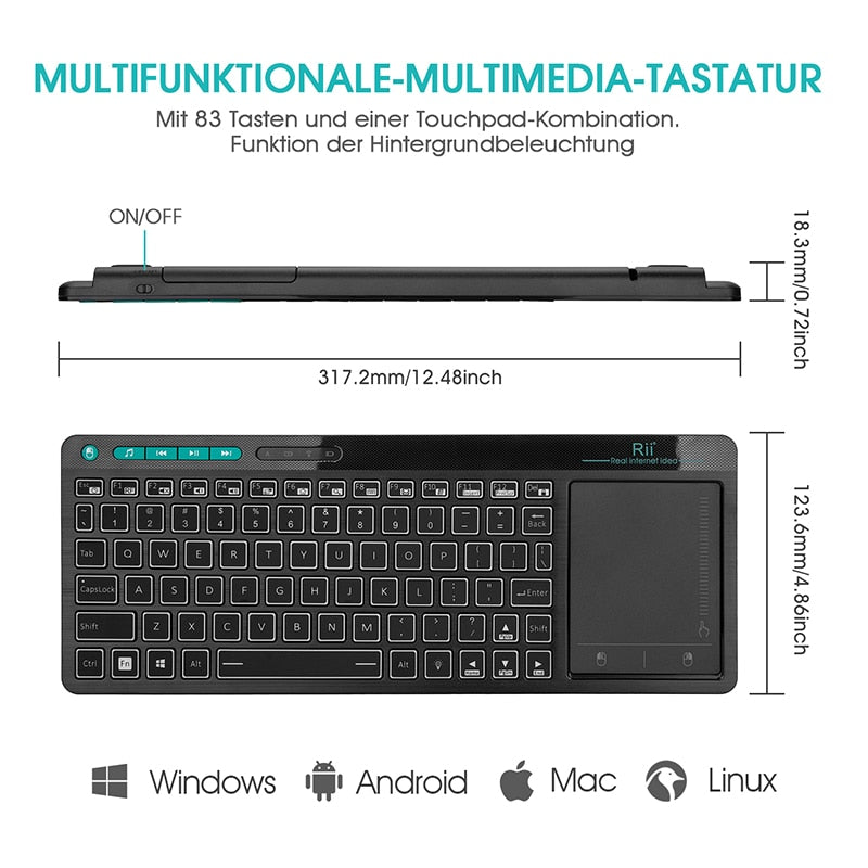 Rii K18 Plus Multimedia inalámbrico Inglés Ruso Francés Hebreo Teclado 3-LED Color Retroiluminado con Multi-Touch para TV Box, PC