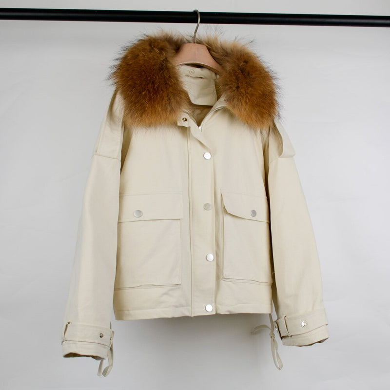 Janveny, chaqueta de plumón de piel auténtica de zorro para mujer, abrigo de plumón de pato blanco 90% holgado corto 2021, prendas de vestir de nieve acolchadas con bolsillos grandes para mujer