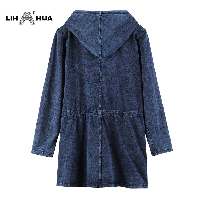 LIH HUA, chaqueta vaquera de talla grande para mujer, estilo largo informal para mujer, Chaquetas vaqueras de punto de algodón elástico Premium