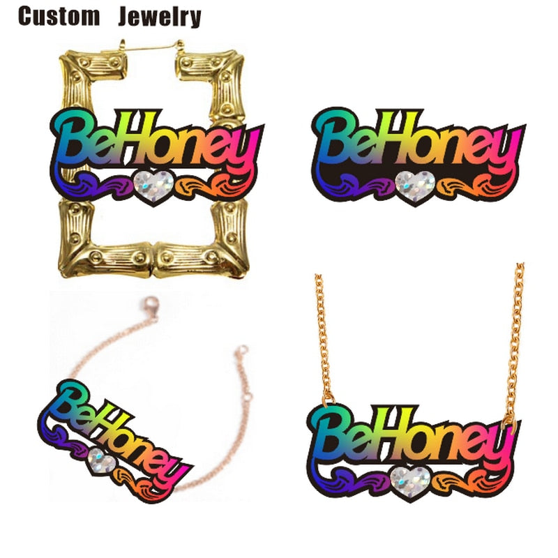 BeHoney Fashion Simple Personality Acrylic Custom Name bamboo Earrings Cartoons rainbow Name Necklace  Jewelry Christmas Gift C4