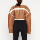 VGH Korean Fashion Patchwork PU Leather Colorblock Jacket For Women Lapel Collar Long Sleeve Zipper Coats Female Winter Clothing