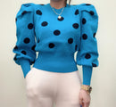 Korean Puff Sleeve Women Pullover Knitwear 2020 Spring Autumn Polka Dot Winter Top Knitted O-Neck Sweater Bottom Jumper