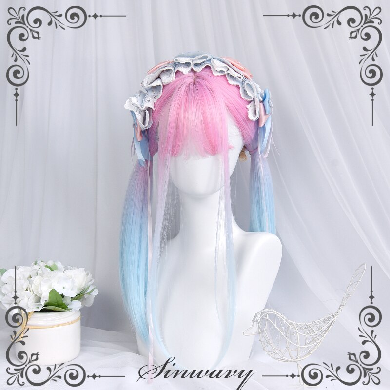 Gradient Pink Blue Lolita Wig Creamy Neon Women Harajuku Long Straight Hair Cute Bangs Adult Chic Girls Cosplay Daily Wear