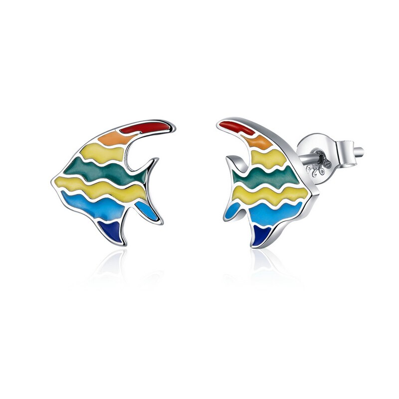 bamoer Rainbow Enamel Stud Earrings for Women 925 Sterling Silver Animal Fish Cat and Dog Fashion Jewelry Bijoux SCE823