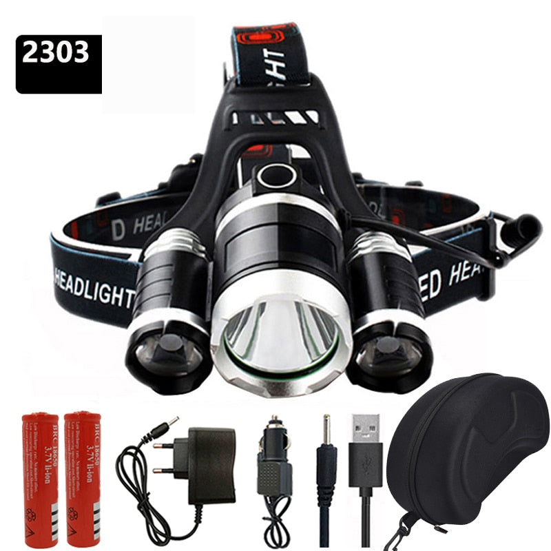 3 Led Headlamp Rechargeable XM-L T6 Headlight light Lantern Head Lamp Flashlight zoomable 18650 Battery Hunting fishing lighting