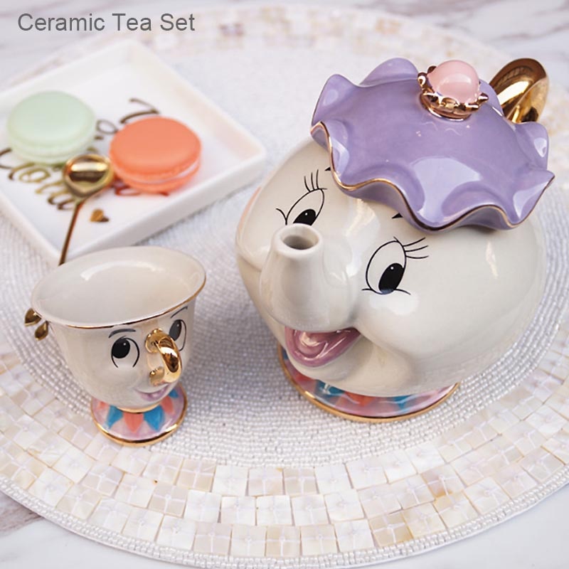 BORREY Keramik-Tee-Sets Beauty And The Beast Teekanne Becher Mrs Potts Chip Teekanne Tasse Kaffeekanne Tasse Hochzeitsgeschenk Tischdekoration