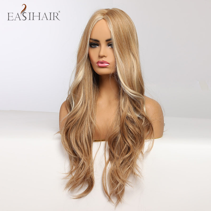 EASIHAIR Long Body Wave Light Brown Wigs with Blonde Highlights Middle Part Cosplay Heat Resistant Synthetic Hair Wigs for Women