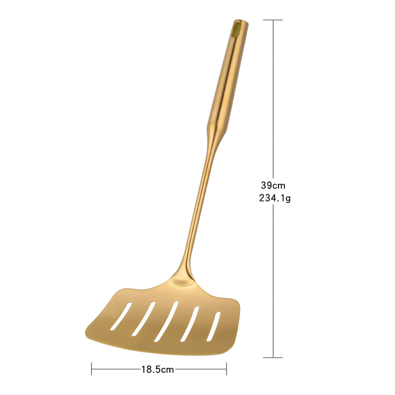 Goldenes Kochgeschirr aus Edelstahl, Kochutensilien, Pfannenwender, Wender, Schöpfkelle, Löffel, Sieb, Filter, Kartoffelstampfer, Küchenutensilien