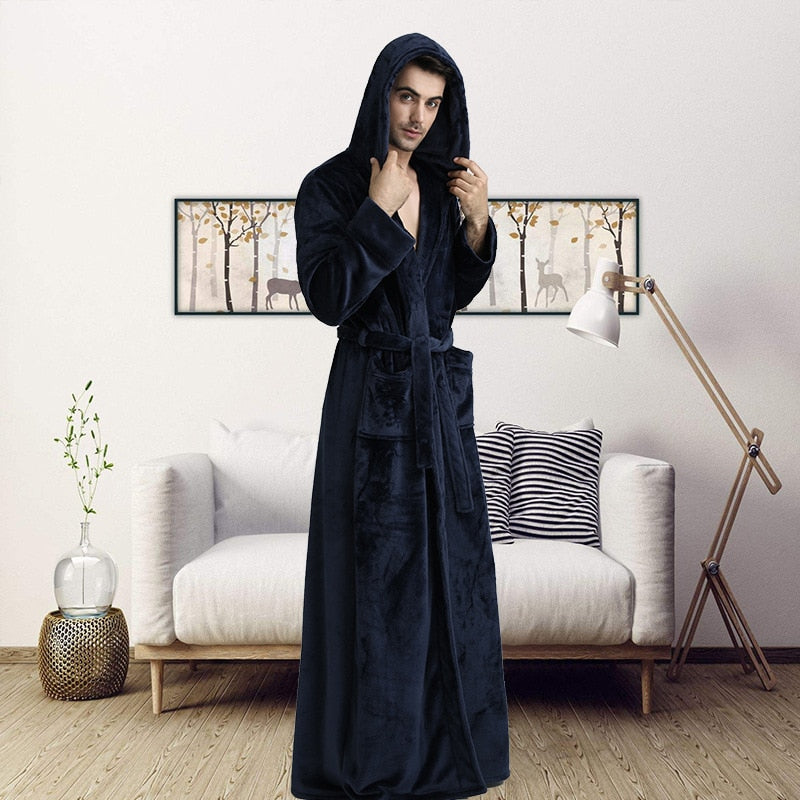 Women Men Winter Plus Size Flannel Robe Extra Long Hooded Warm Bathrobe Lovers Thick Kimono Bath Robe Male Dressing Gown Robes