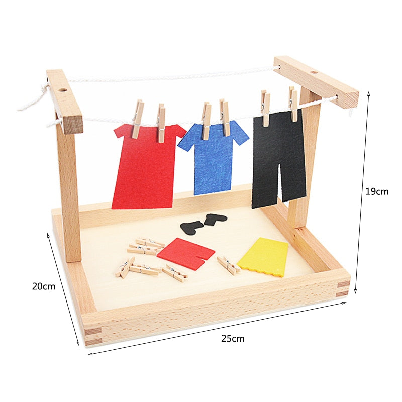 Baby Montessori Wooden DIY Mini Simulation Clothes Drying Frame Clothes Suit Toys for Children Basic Life Practice Training Toy