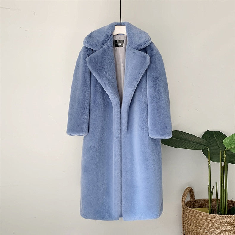 2022 New Women Winter Warm Faux Fur Coat Thick Women Long Coat Turn Down Collar Women Warm Coat Casaco Feminino