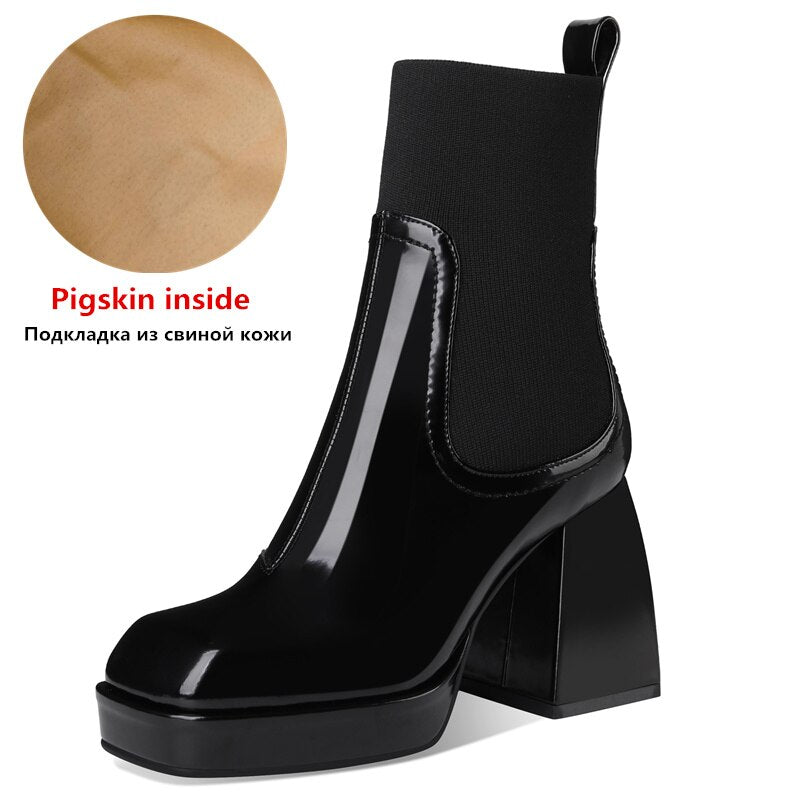 MORAZORA Nature Full Genuine Leather Chelsea Boots Womne Thick High Heels Square Toe Spring Autumn Ankle Boots For Women Botas