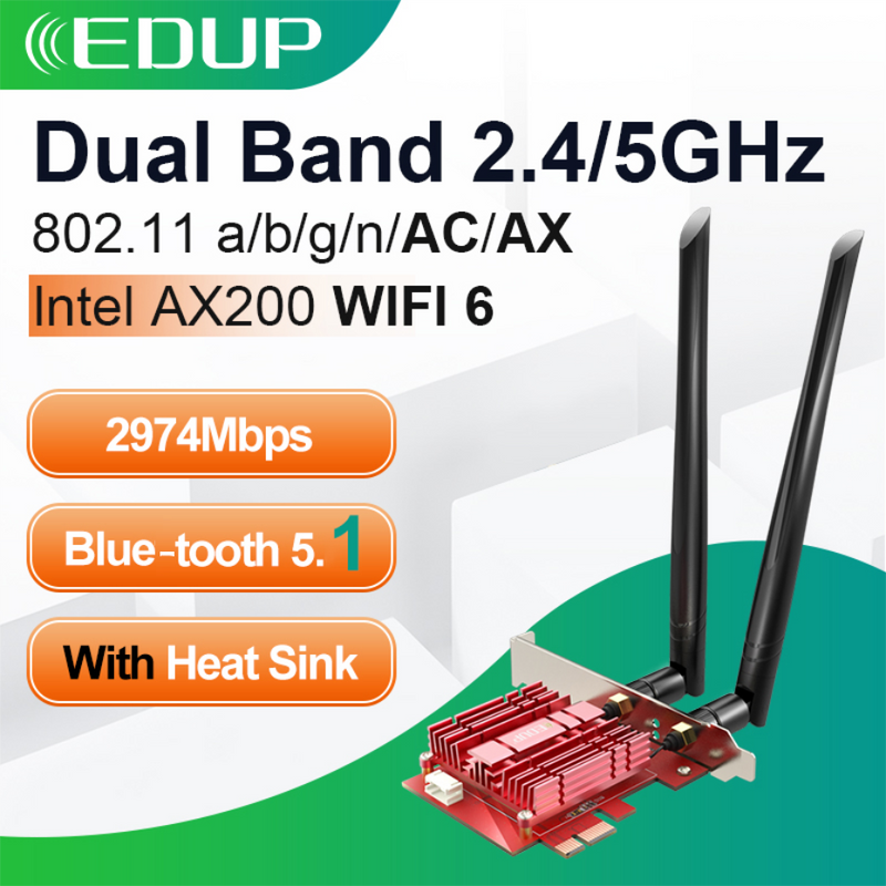 EDUP 3000Mbps WiFi 6 PCI Express Blue-tooth 5.1 Adaptador Banda dual 2.4G / 5GHz 802.11AC / AX Tarjeta de red inalámbrica Intel AX200 PCIe