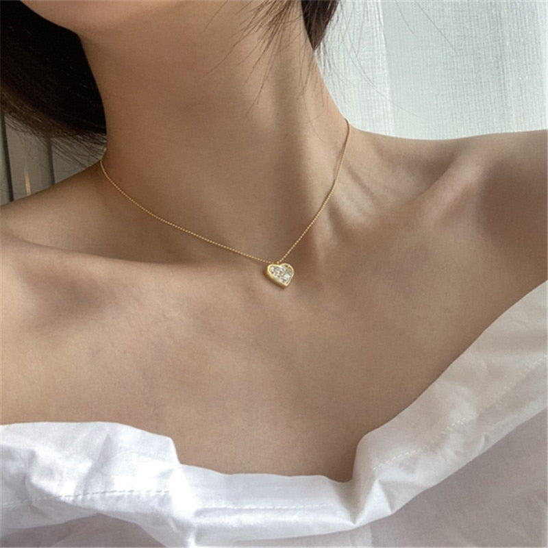 Colgante de corazón de cristal pavé de Plata de Ley 925, collar de cadena de clavícula chapado en oro de 14 k para mujer, regalo de joyería Simple exquisito