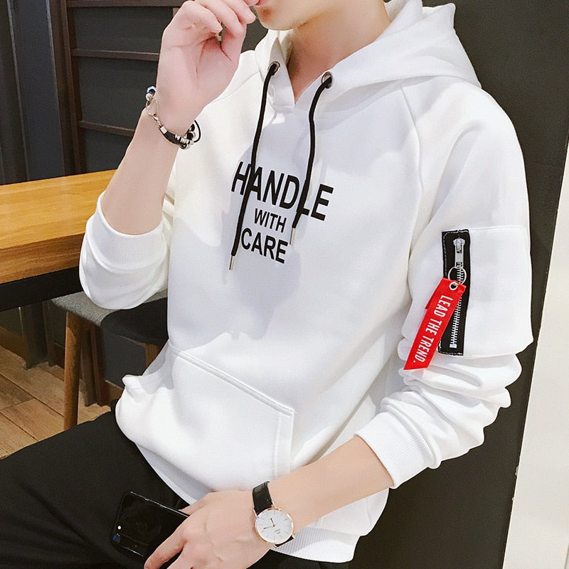 Fashion Men Hoodie Printed HANDLE Korea Hooded Hoodies Male With Side Zipper Pockets Teenage Pullovers Sweatshirts Men Clothing