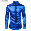 2 uds camisa de seda plateada + corbata para hombre satén suave esmoquin camisas Casual botón abajo hombres vestido camisas boda fiesta graduación Chemise Homme