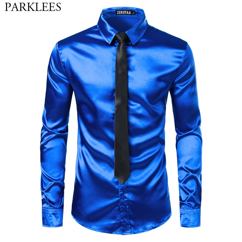 2pcs Silver Silk Shirt+Tie Mens Satin Smooth Tuxedo Shirts Casual Button Down Men Dress Shirts Wedding Party Prom Chemise Homme