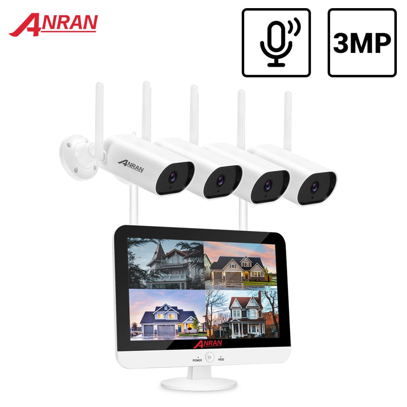 Kit de videovigilancia ANRAN, sistema CCTV de grabación de Audio de 3MP, sistema de cámara de vigilancia inalámbrica, Monitor NVR de 13 pulgadas, resistente al agua