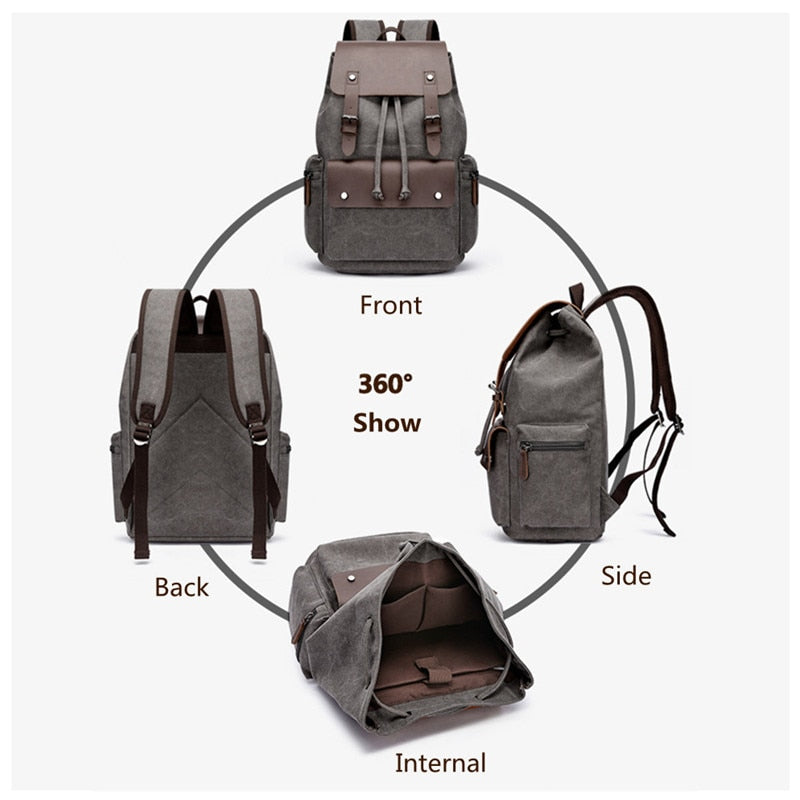 Fashion Canvas Backpack Bag Men Large Capacity Suit 17 Inch Laptop Drawstring Leather Cover Travel Rucksack Student Bookbag 2021