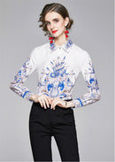 Summer Women Slim Blouses Tops Baroque Print Runway Long Sleeve Shirt Ladies Collar Elegant Vintage Office Shirts Work Wear